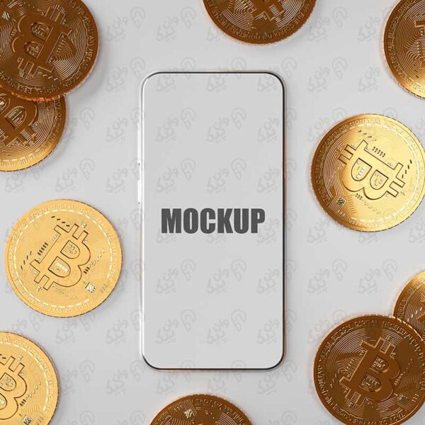 موکاپ گوشی سکه های طلایی بیت کوین در کنار (PSD)