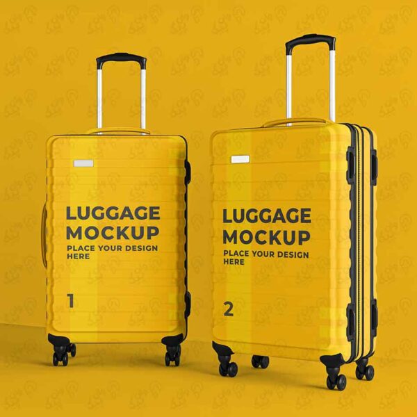 موکاپ چمدان مسافرتی دو کیف زرد با چرخ قابل حمل PSD
