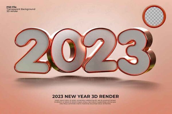 متن 3 بعدی طلایی سال 2023 رندر سه بعدی سال جدید 2023 به سبک طلایی رنگی  (PSD)