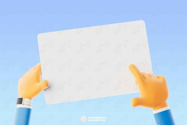 موکاپ 3 بعدی تبلت و کاراکتر دست با استفاده از ماکت تبلت کارتونی سه بعدی ماکت کاغذ تبلت با پس زمینه جدا شده تصویر سه بعدی (PSD)
