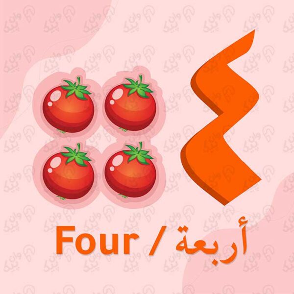 وکتور یادگیری عدد چهار عربی به همراه گوجه فرنگی