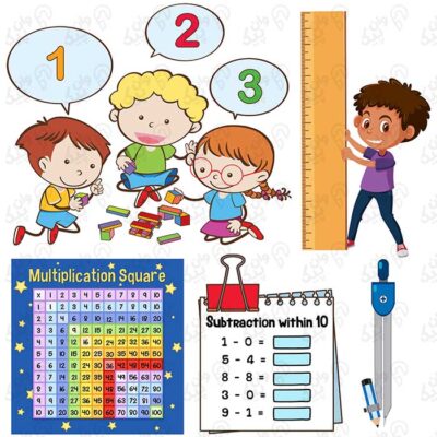 وکتور دانش آموزان همراه با اشیاء کلاس ریاضی با لوازم